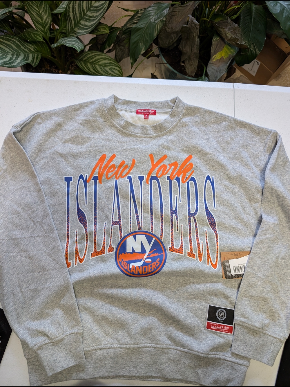 Mitchell & Ness New York Islanders Gray Crewneck with Blue & Orange Logo
